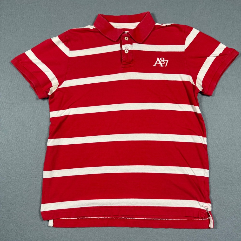 Aeropostale Mens XL Red White Striped A87 Logo Short Sleeve Cotton Polo Shirt